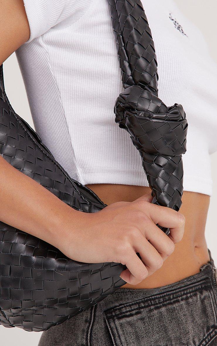 Loreen Woven Knotted Strap Detail Oversized Shoulder Bag In Black Faux Leather