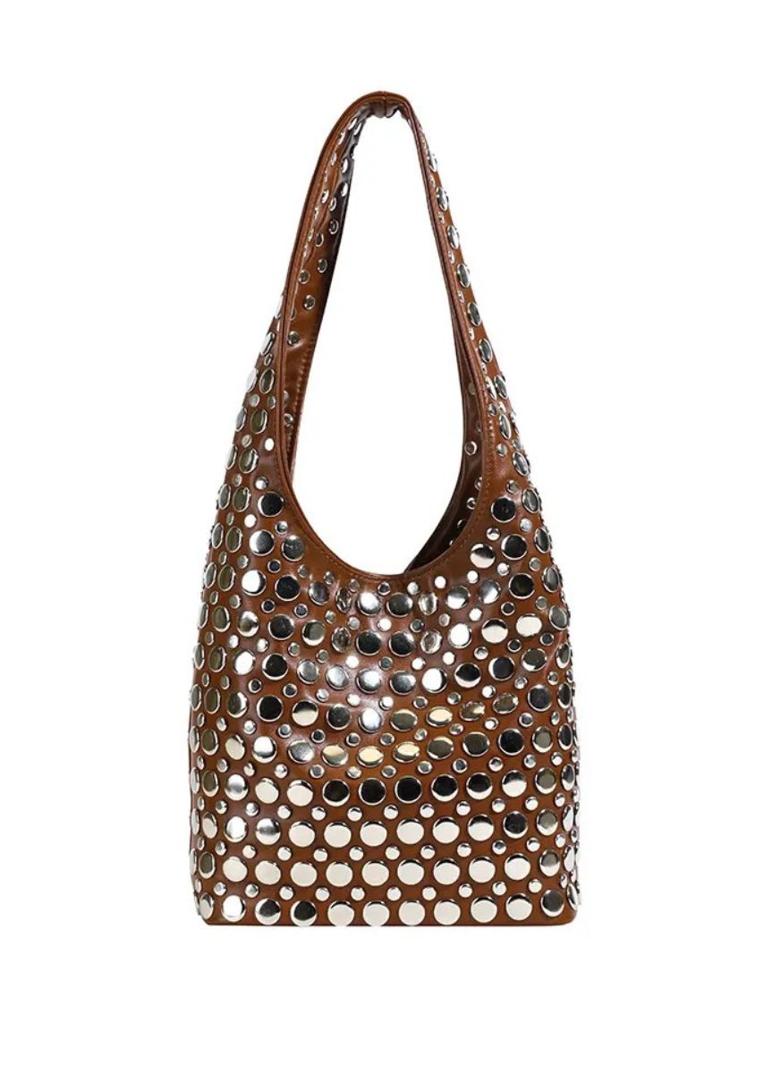 3250094 Studded Shoulder Leather Bag *Brown