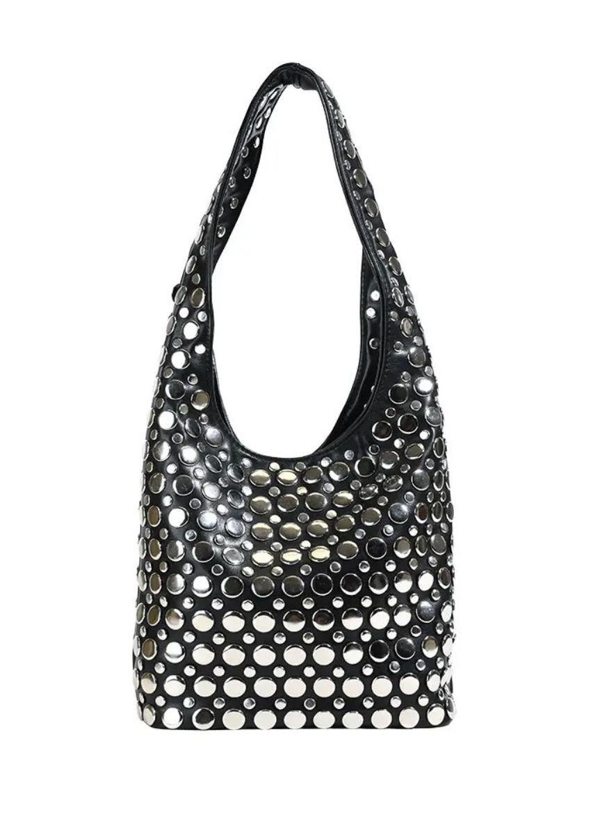 3250094 Studded Shoulder Leather Bag *Black