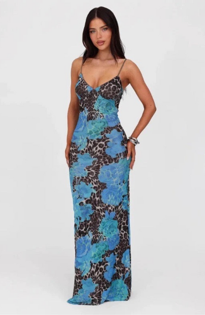 Tiana Blue Jaguar Maxi Dress