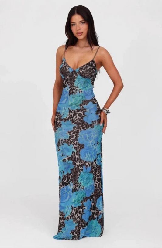 Tiana Blue Jaguar Maxi Dress