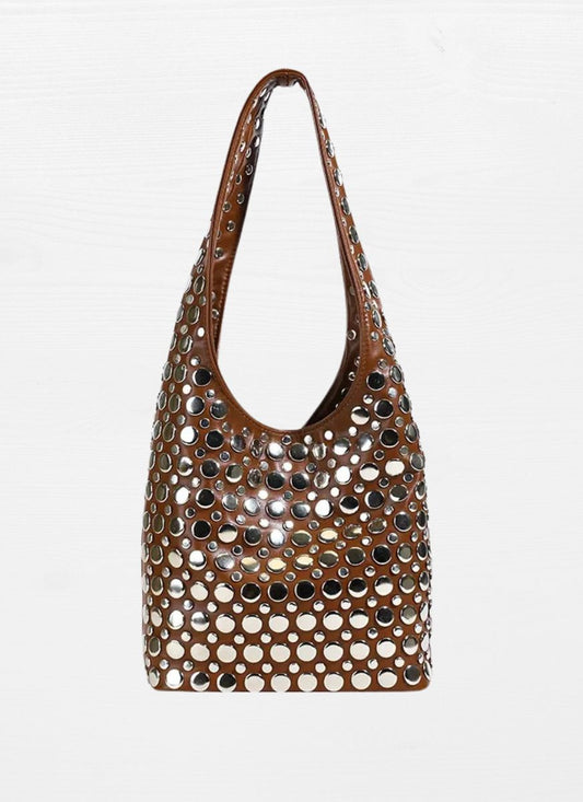 3250094 Studded Shoulder Leather Bag *Brown