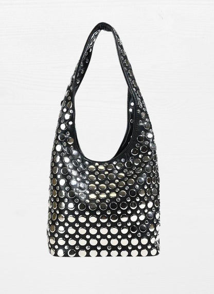3250094 Studded Shoulder Leather Bag *Black